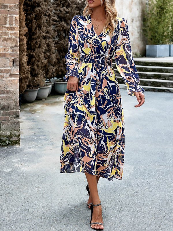 Women's Printed Casual Vacation Printed V - Neck Dress - Vacation Dress