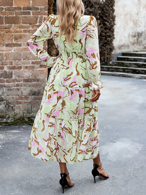 Women's Printed Casual Vacation Printed V - Neck Dress - Vacation Dress