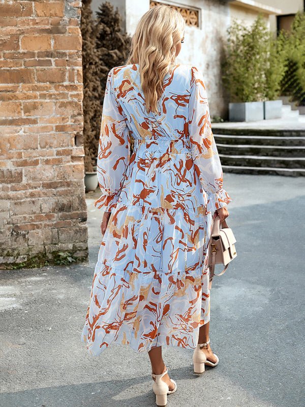 Women's Printed Casual Vacation Printed V - Neck Dress - Vacation Dress