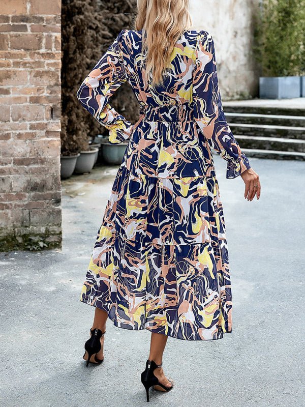 Women's Printed Casual Vacation Printed V - Neck Dress - Vacation Dress