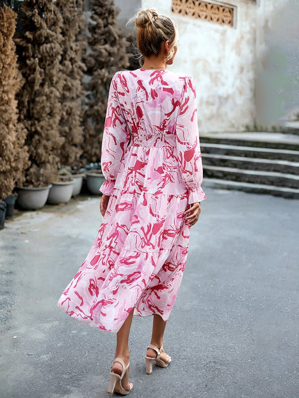 Women's Printed Casual Vacation Printed V - Neck Dress - Vacation Dress