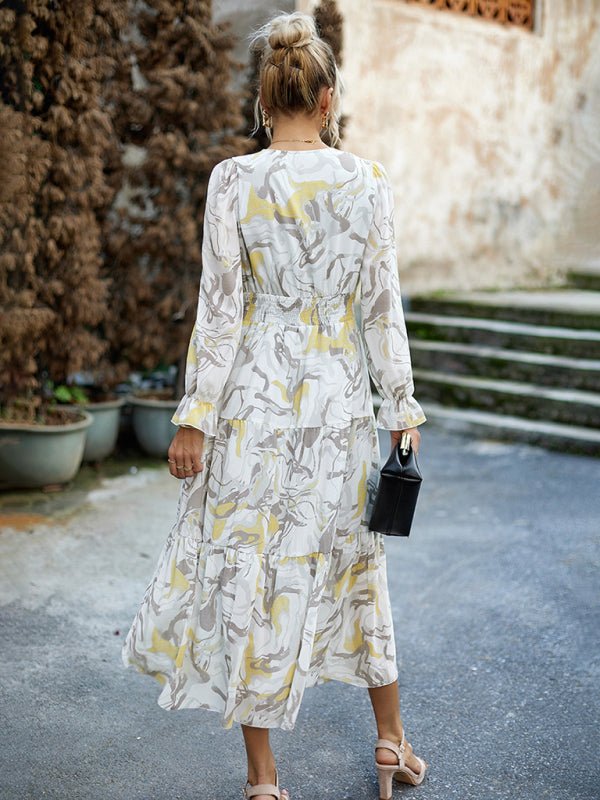 Women's Printed Casual Vacation Printed V - Neck Dress - Vacation Dress