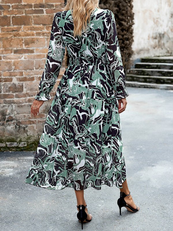 Women's Printed Casual Vacation Printed V - Neck Dress - Vacation Dress