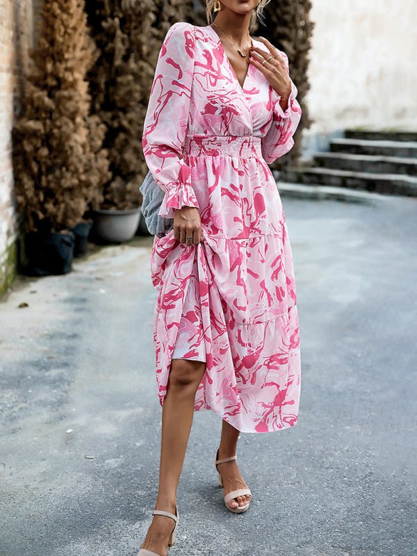 Women's Printed Casual Vacation Printed V - Neck Dress - Vacation Dress