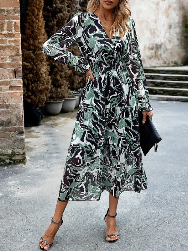 Women's Printed Casual Vacation Printed V - Neck Dress - Vacation Dress