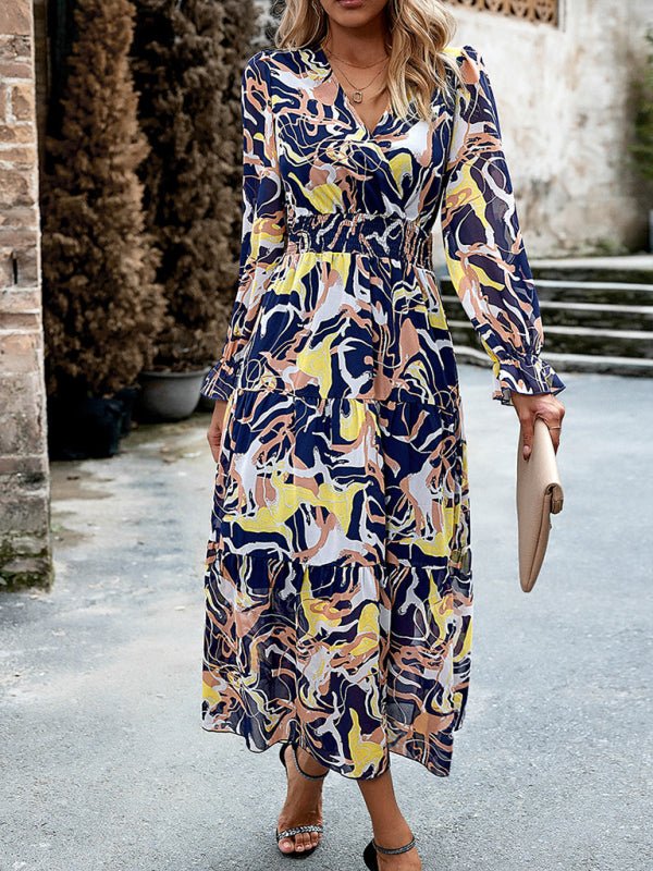 Women's Printed Casual Vacation Printed V - Neck Dress - Vacation Dress