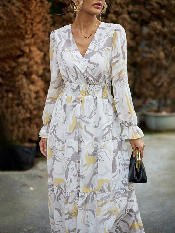 Women's Printed Casual Vacation Printed V - Neck Dress - Vacation Dress