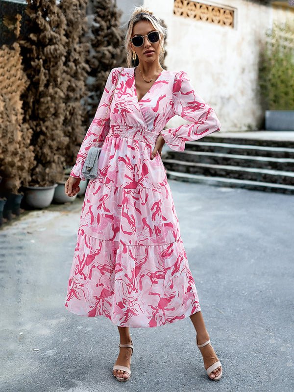 Women's Printed Casual Vacation Printed V - Neck Dress - Vacation Dress