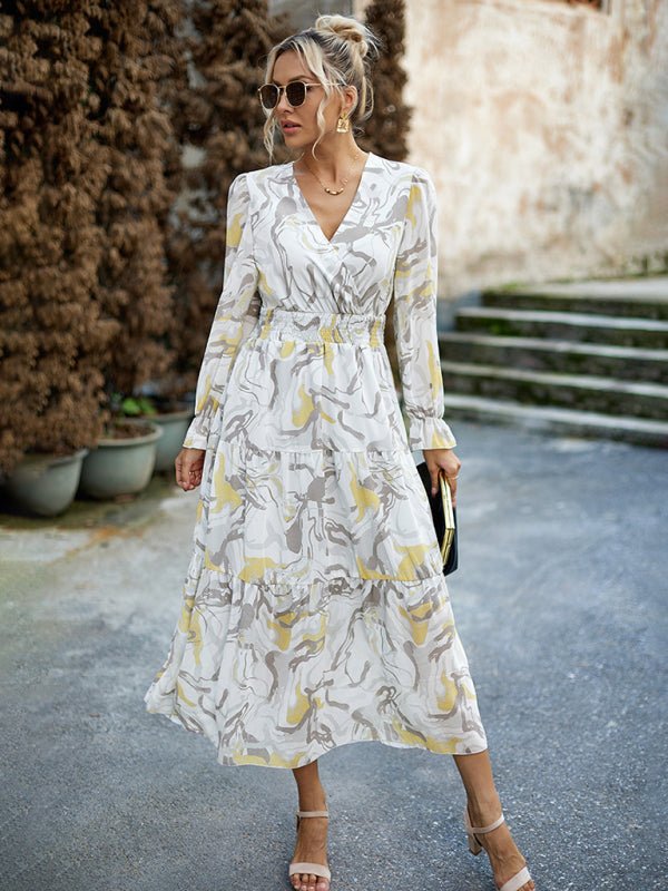 Women's Printed Casual Vacation Printed V - Neck Dress - Vacation Dress