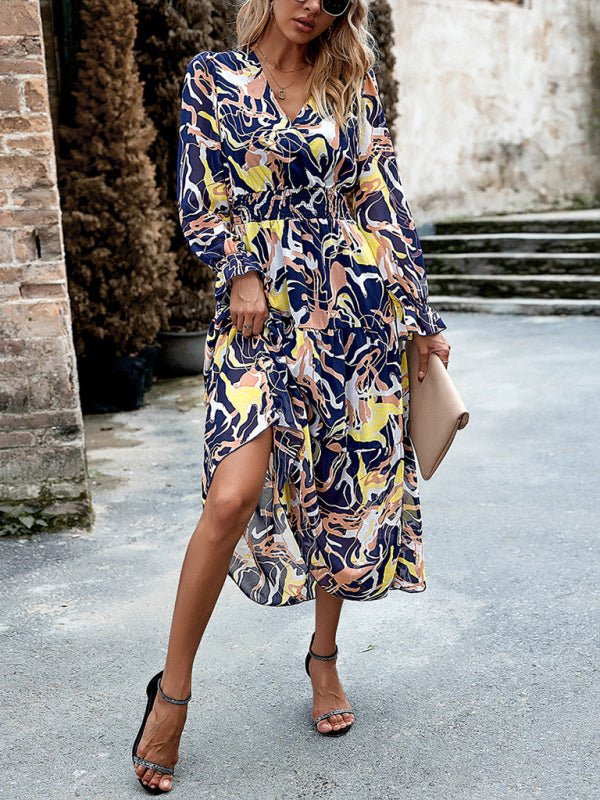 Women's Printed Casual Vacation Printed V - Neck Dress - Vacation Dress