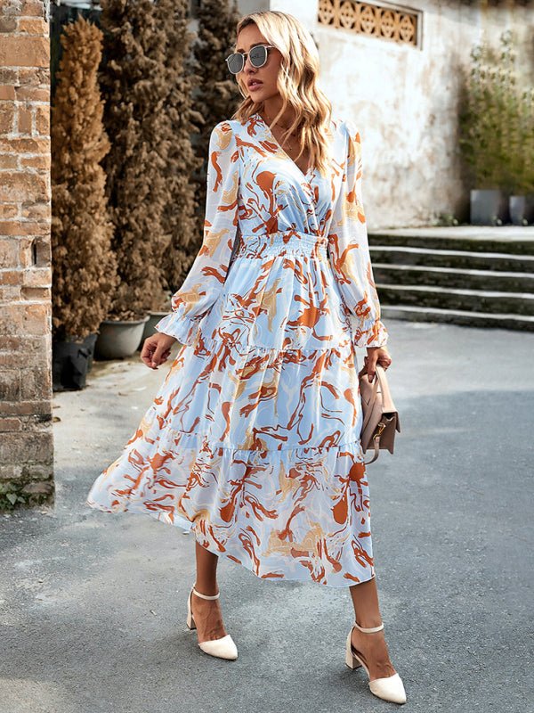 Women's Printed Casual Vacation Printed V - Neck Dress - Vacation Dress