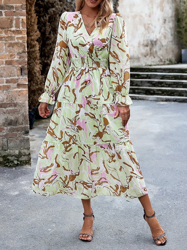 Women's Printed Casual Vacation Printed V - Neck Dress - Vacation Dress