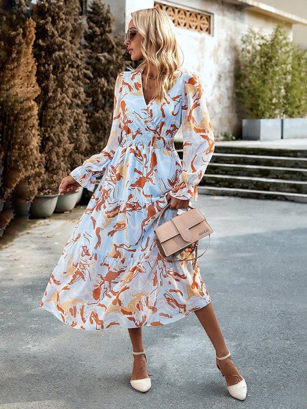 Women's Printed Casual Vacation Printed V - Neck Dress - Vacation Dress