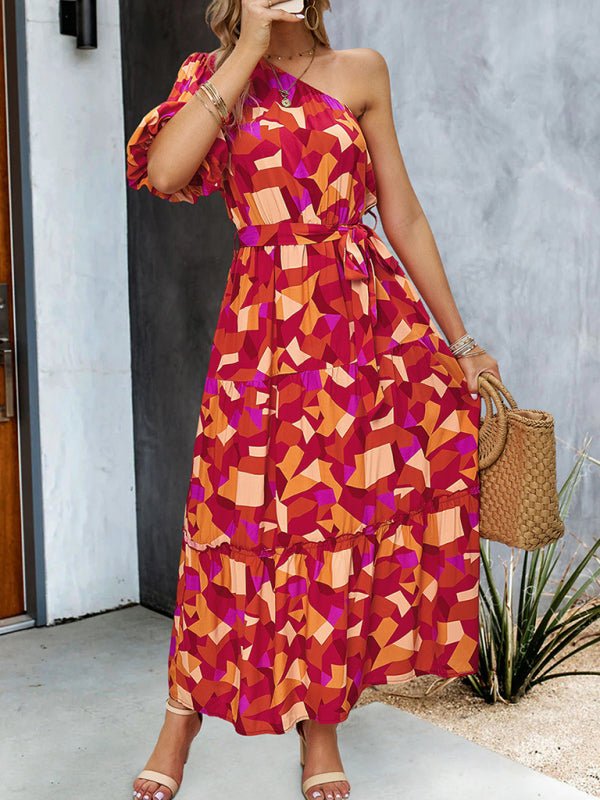Women's printed temperament elegant one - shoulder long dress - Vacation Dress
