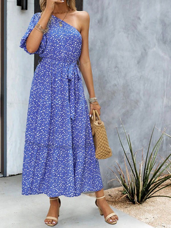 Women's printed temperament elegant one - shoulder long dress - Vacation Dress