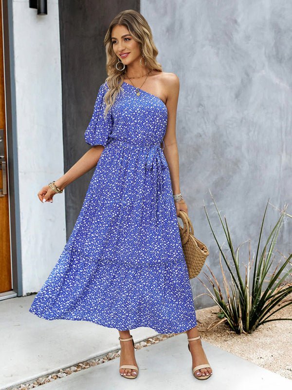 Women's printed temperament elegant one - shoulder long dress - Vacation Dress