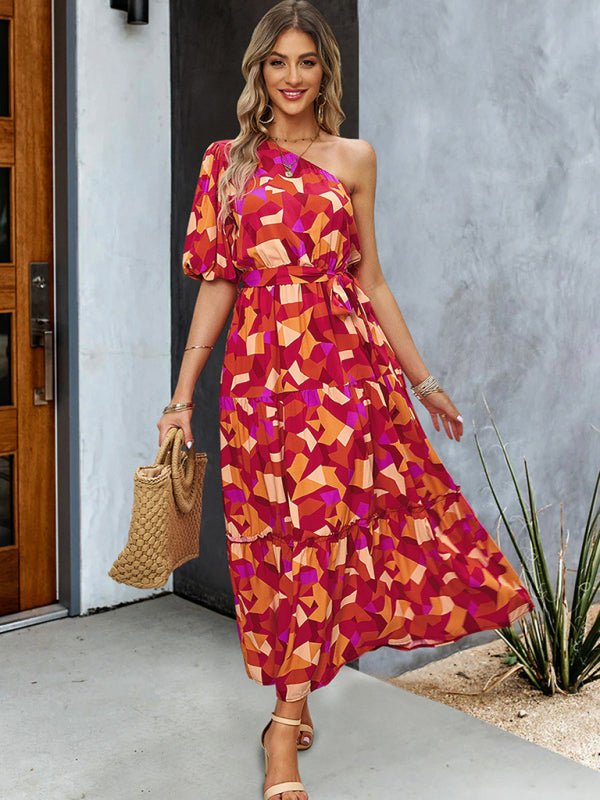 Women's printed temperament elegant one - shoulder long dress - Vacation Dress