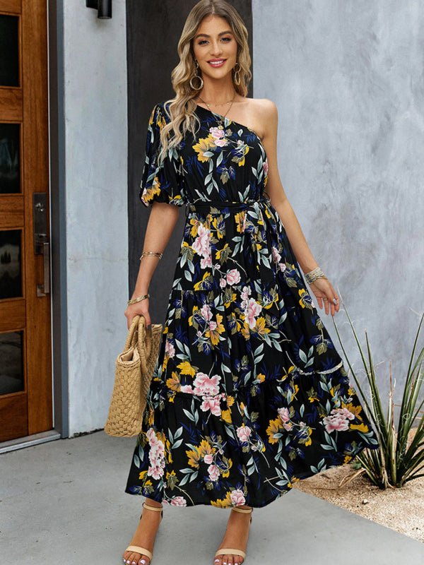 Women's printed temperament elegant one - shoulder long dress - Vacation Dress