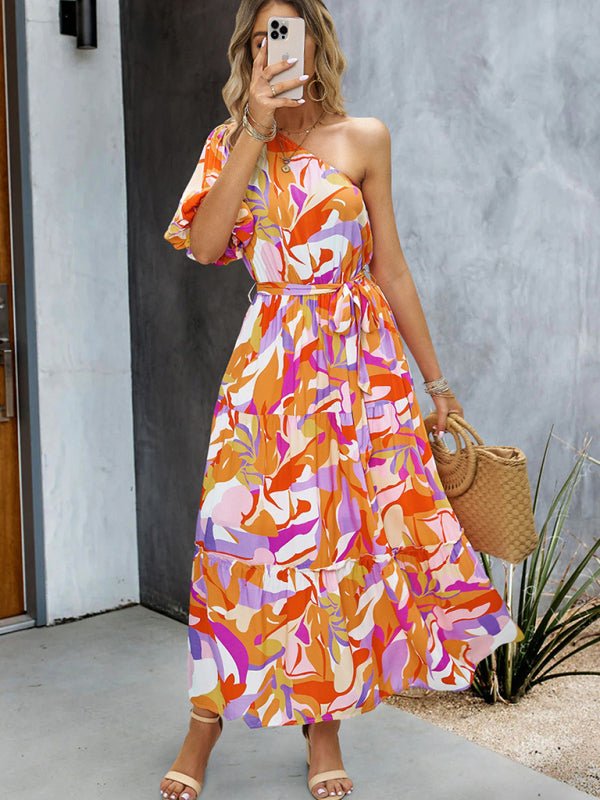 Women's printed temperament elegant one - shoulder long dress - Vacation Dress