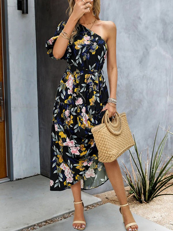 Women's printed temperament elegant one - shoulder long dress - Vacation Dress