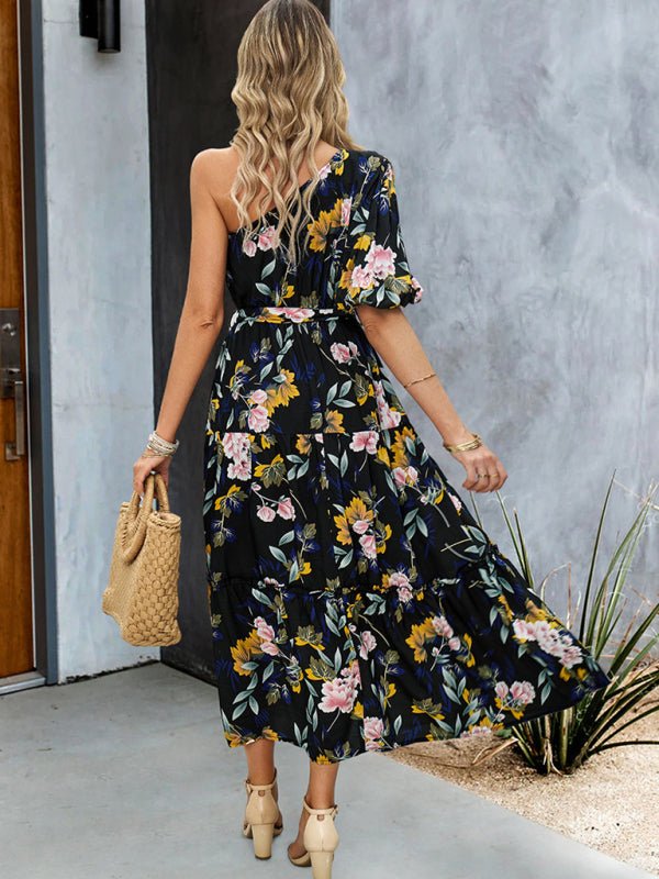 Women's printed temperament elegant one - shoulder long dress - Vacation Dress