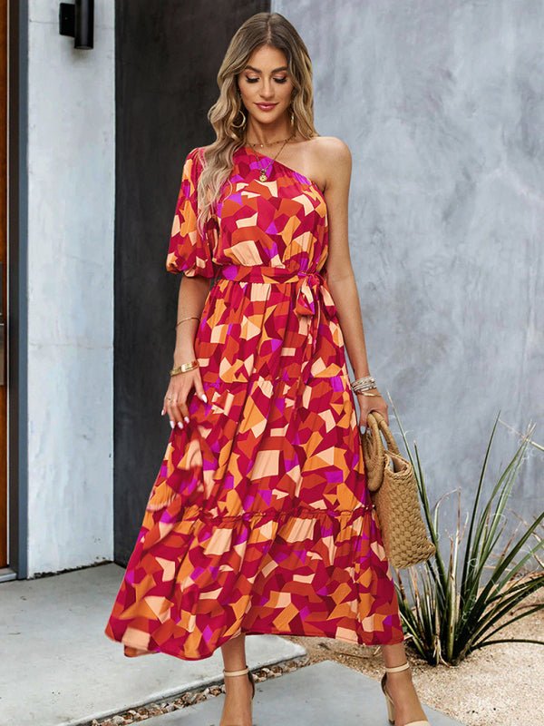 Women's printed temperament elegant one - shoulder long dress - Vacation Dress