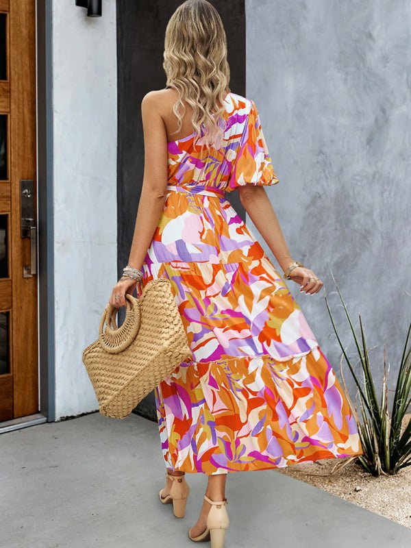 Women's printed temperament elegant one - shoulder long dress - Vacation Dress