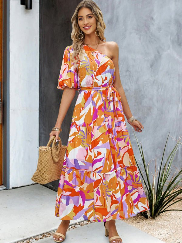 Women's printed temperament elegant one - shoulder long dress - Vacation Dress