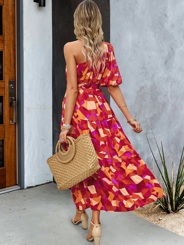 Women's printed temperament elegant one - shoulder long dress - Vacation Dress