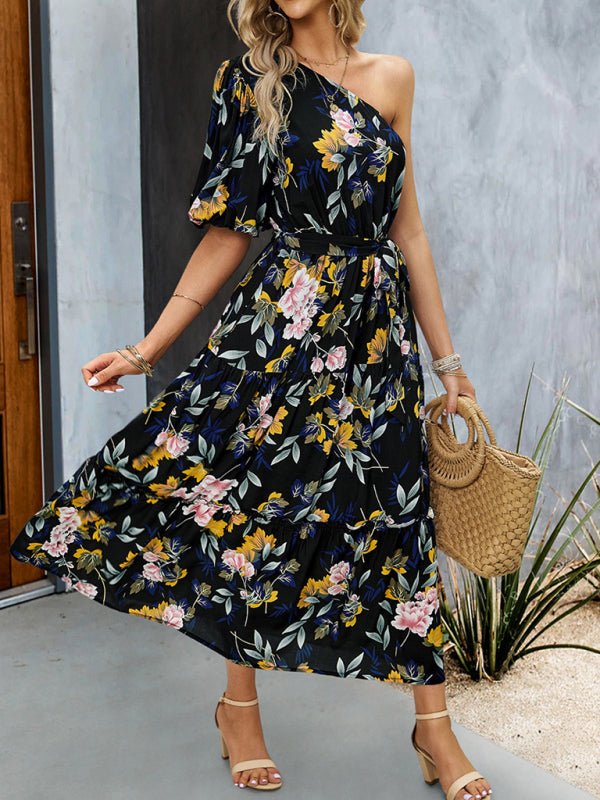 Women's printed temperament elegant one - shoulder long dress - Vacation Dress