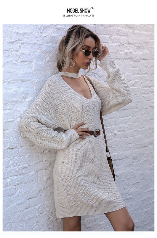 women's pullover low collar long sleeve knitted bottoming sweater dress - Sweater Dress