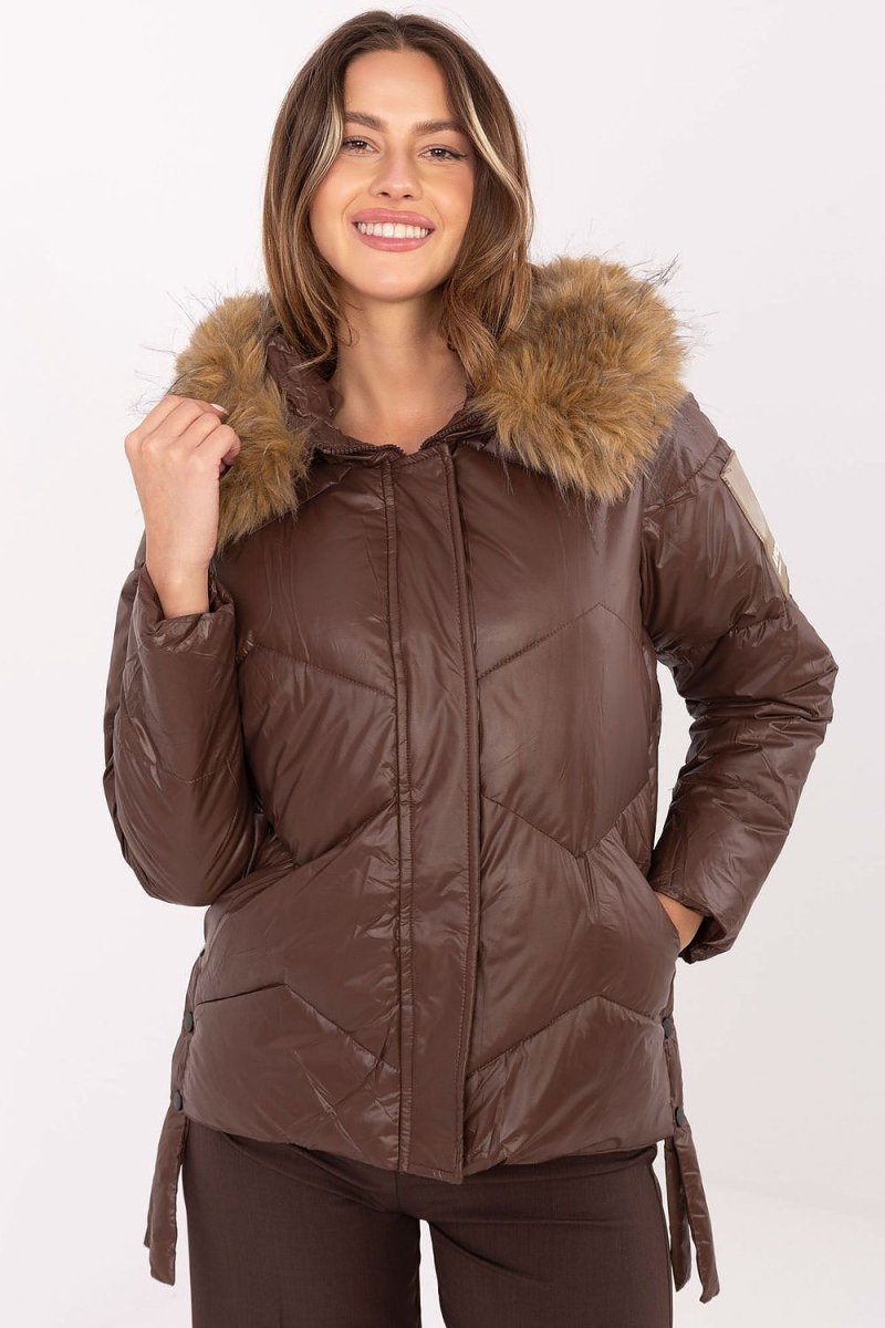 Women's Quilted Down Jacket with Detachable Fur Hood - 