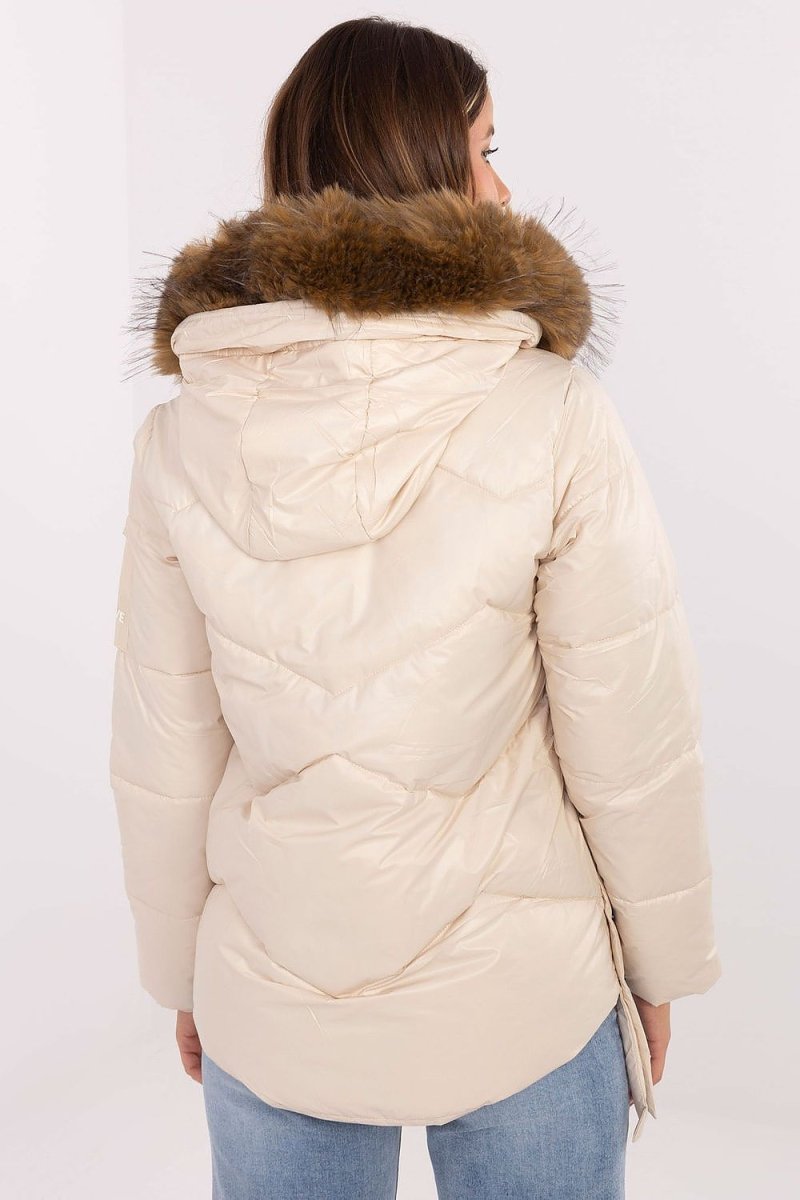 Women's Quilted Down Jacket with Detachable Fur Hood - 