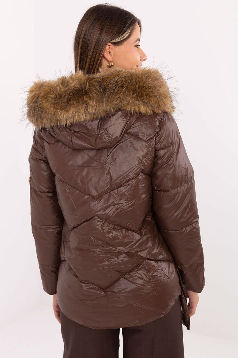 Women's Quilted Down Jacket with Detachable Fur Hood - 