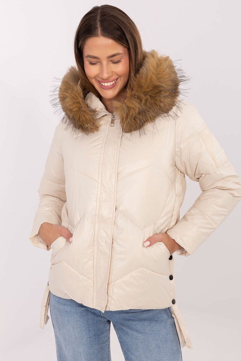 Women's Quilted Down Jacket with Detachable Fur Hood - 