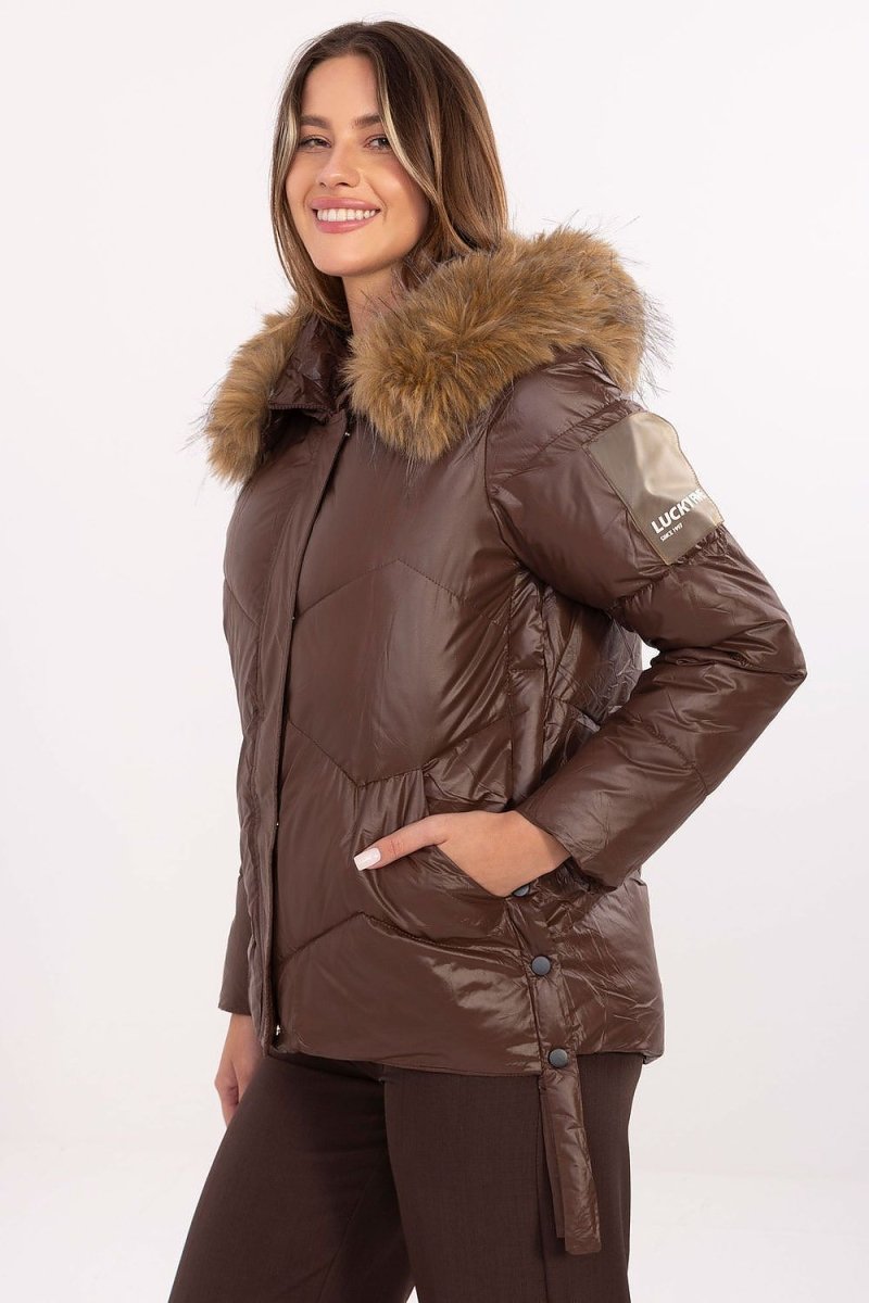 Women's Quilted Down Jacket with Detachable Fur Hood - 