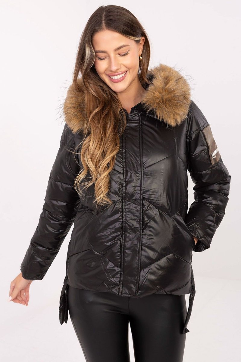 Women's Quilted Down Jacket with Detachable Fur Hood - 