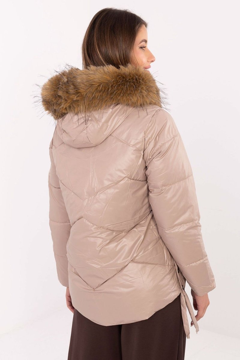 Women's Quilted Down Jacket with Detachable Fur Hood - 