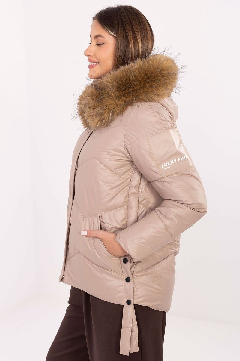 Women's Quilted Down Jacket with Detachable Fur Hood - 