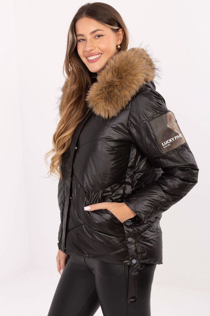 Women's Quilted Down Jacket with Detachable Fur Hood - 