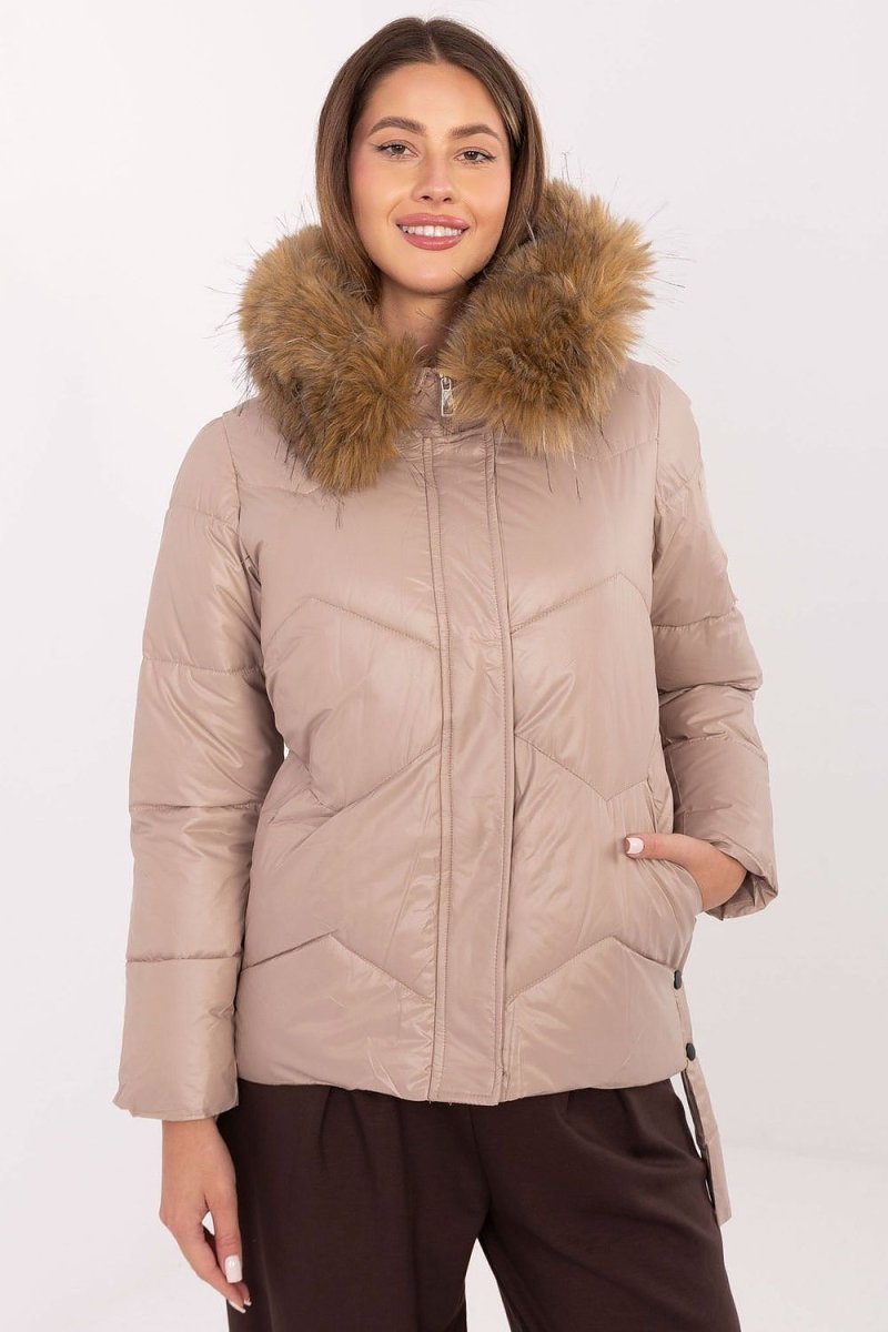 Women's Quilted Down Jacket with Detachable Fur Hood - 