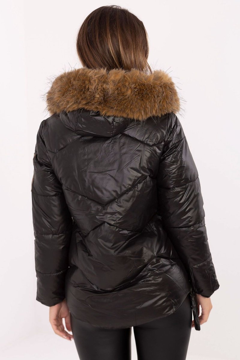 Women's Quilted Down Jacket with Detachable Fur Hood - 