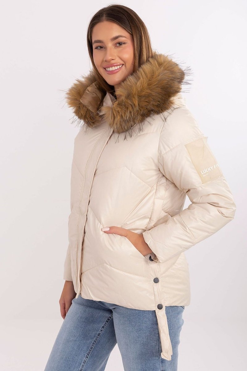 Women's Quilted Down Jacket with Detachable Fur Hood - 