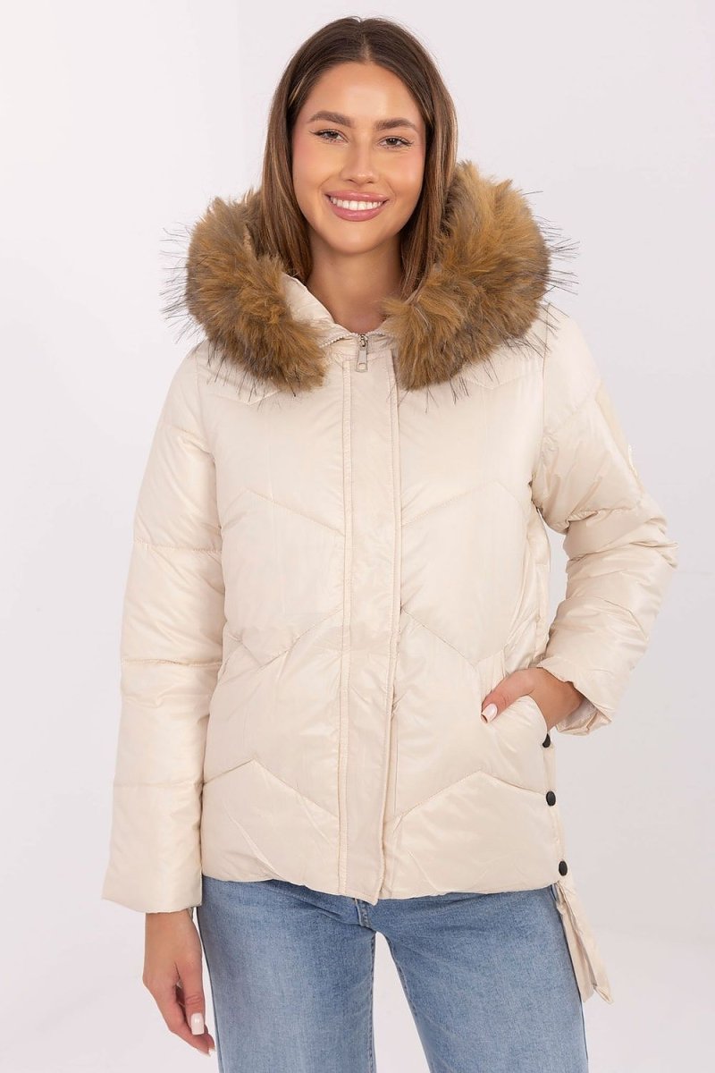 Women's Quilted Down Jacket with Detachable Fur Hood - 