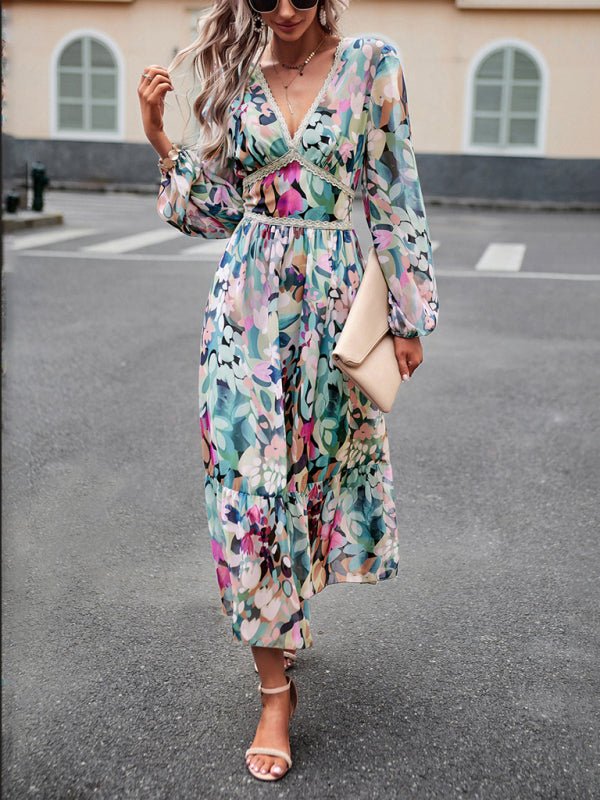 Women's resort casual printed V - neck long - sleeved dress - Casual Dress