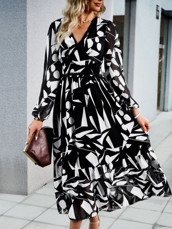 Women's resort casual printed V - neck long - sleeved dress - Casual Dress