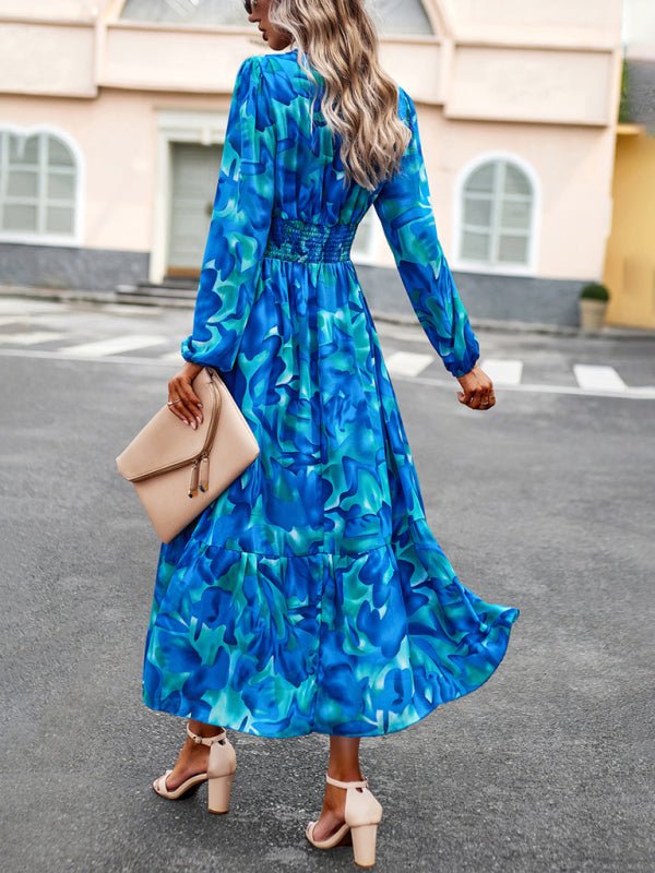 Women's resort casual printed V - neck long - sleeved dress - Casual Dress