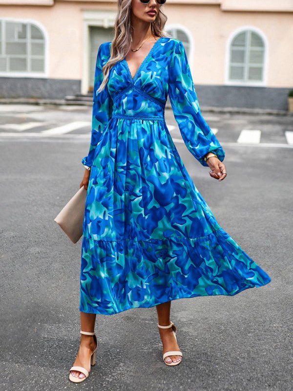 Women's resort casual printed V - neck long - sleeved dress - Casual Dress