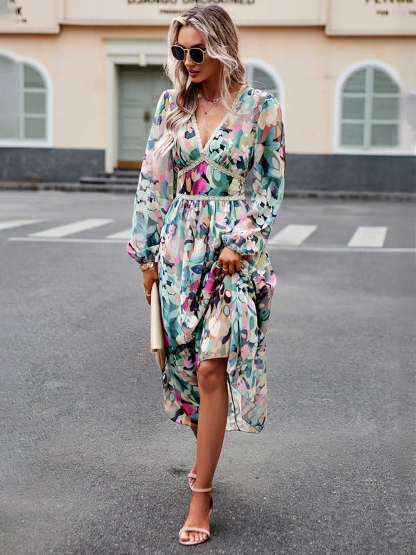 Women's resort casual printed V - neck long - sleeved dress - Casual Dress