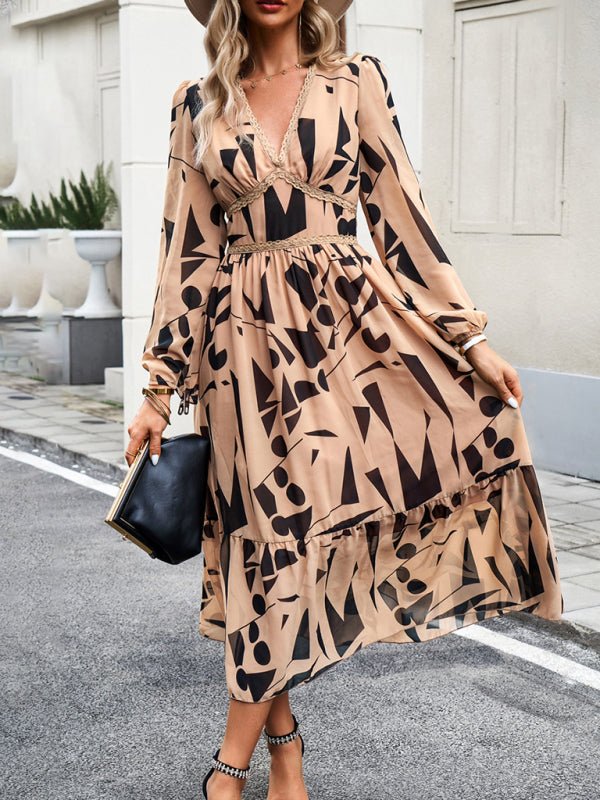 Women's resort casual printed V - neck long - sleeved dress - Casual Dress